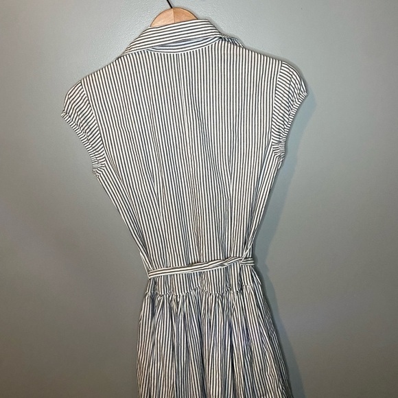 Norma Kamali Cap Sleeve Seersucker Stripe Tie Waist Shirt Dress - Picture 6 of 10